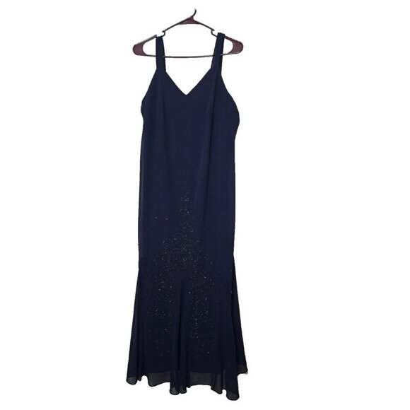 R&M Richards Evening Dress 16W Blue Beaded Mother of Bride Chiffon Trumpet Event - Picture 1 of 12